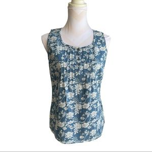 POMODORO blue & white floral pleated front sleeveless tank top NWT Small